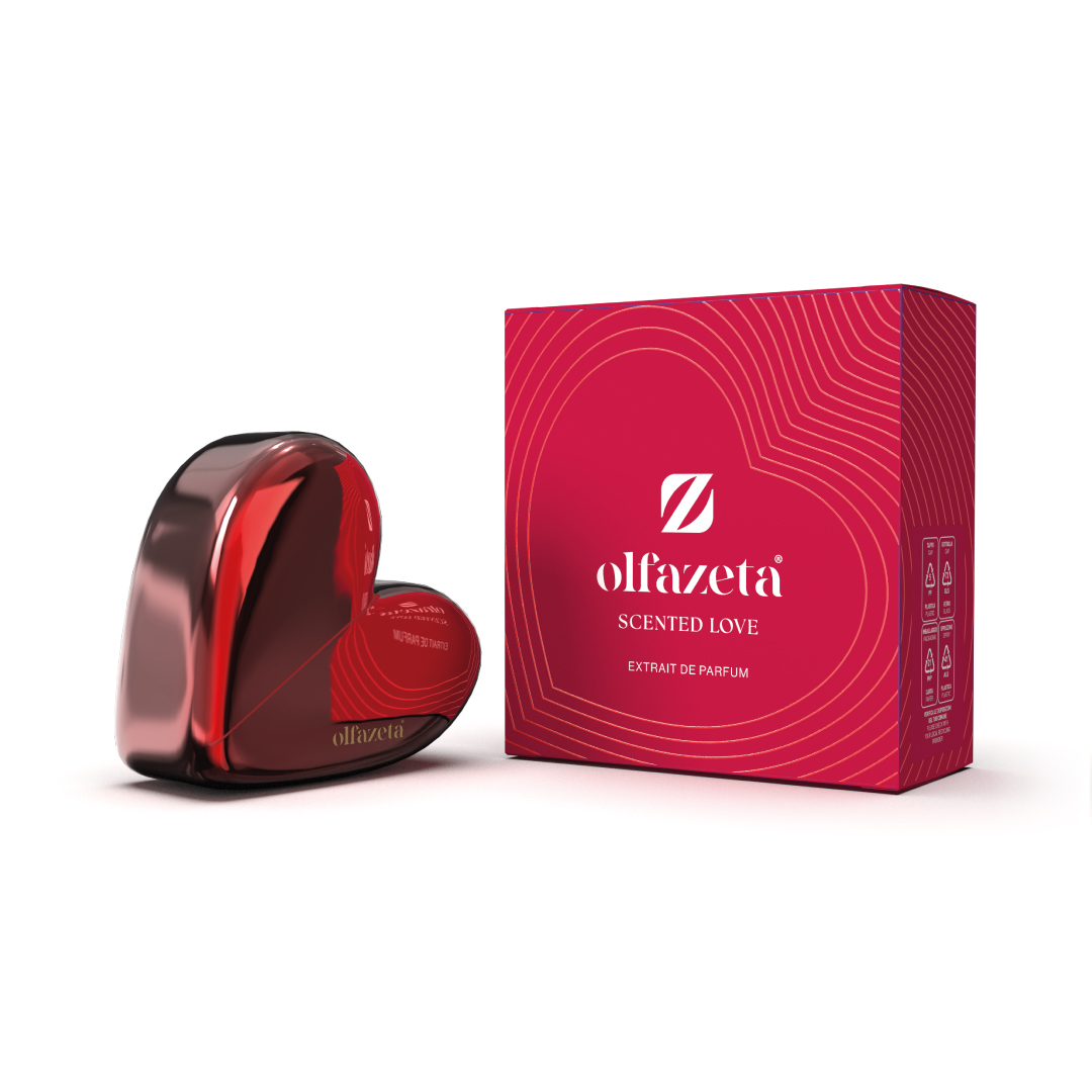 Flacon en forme de coeur et emballage d'un parfum Olfazeta de la série Love.